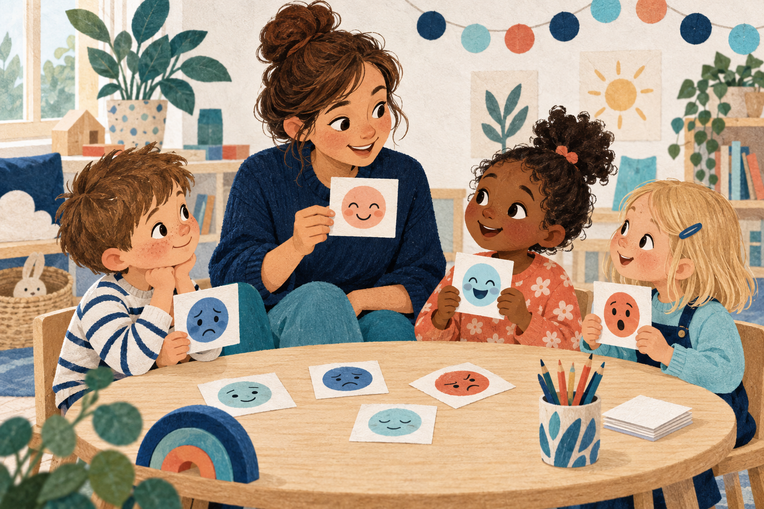 Illustration of a teacher and children exploring feelings with emotion cards